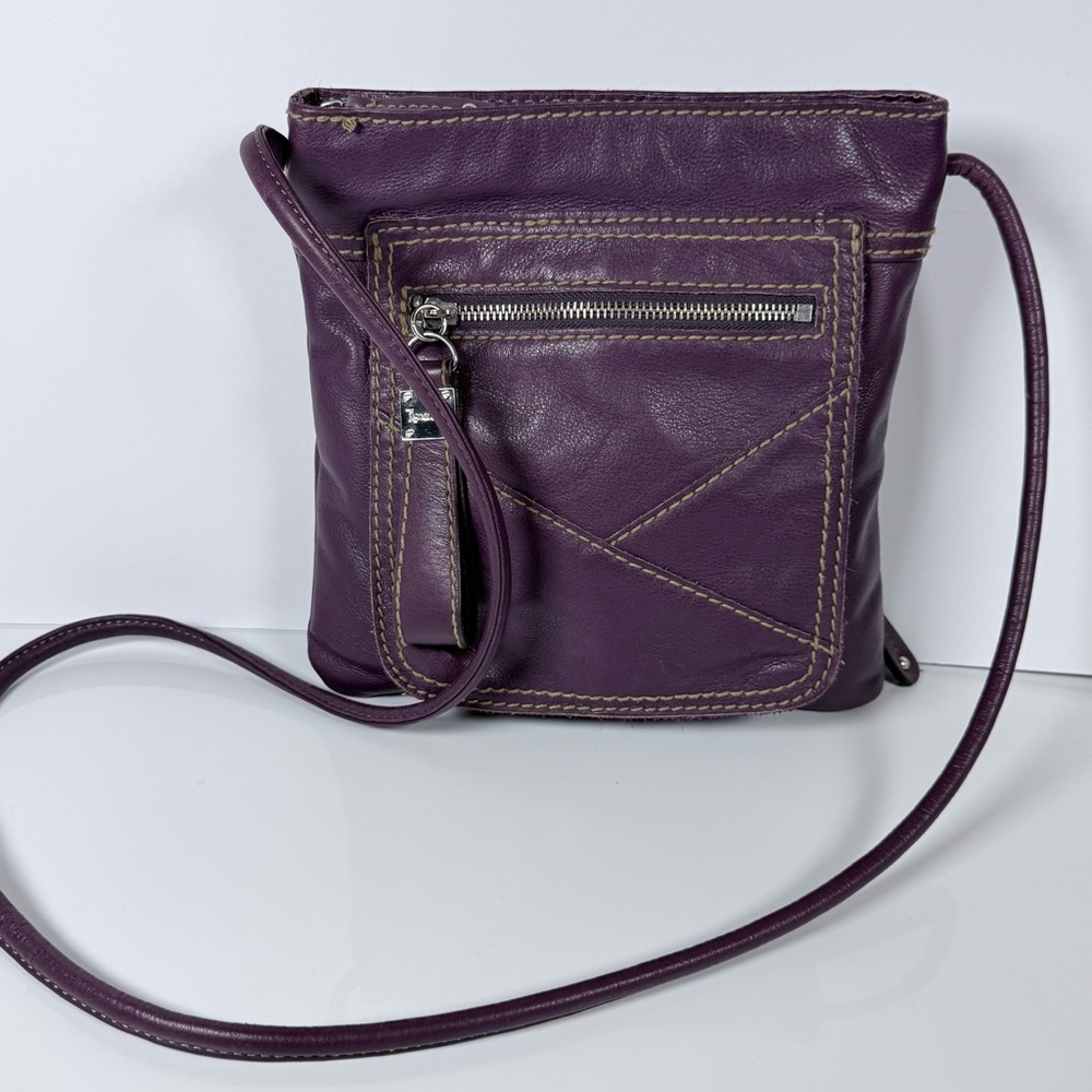 Tignanello Purple Leather Multi Pocket Crossbody Shoulder Bag Purse